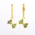 Detailed view of 18k gold plated hoop earrings with blue and green zircon bow pendants - Colorful Bow