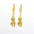 Detailed close-up of gold plated huggie earrings with rainbow zircon teddy bear charms - Colorful Bear