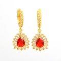 Detail van rode druppel oorbellen met gouden plating en zirkonia halo zetting - Rood (03)