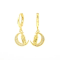 Macro detail of 18k gold plated moon earrings with micro-set zircon and religious motifs - Anchor Style