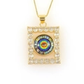 Detailed close-up of rectangular evil eye pendant with rainbow center and gold box chain - Rainbow Eye (04)