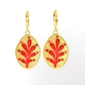Elegant gold oval lever back earrings featuring red enamel coral patterns and sunburst texture - Red Coral Branch Style (ES0183-03)
