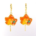 Golden maple leaf earrings with warm orange gradient enamel and colorful cubic zirconia - Autumn Maple Leaf Style (ES0183-01)