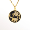 Gold coin necklace featuring black enamel with lucky clover, elephant and horseshoe symbols - Lucky Symbols Disc (04)