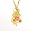 Golden necklace with wavy tree-shaped pendant featuring colorful oval gemstones and zircon - Colorful Twisted Tree (07)