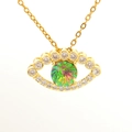 Golden evil eye necklace featuring a multi-faceted green stone and zircon crystals - Vivid Green Eye (09)