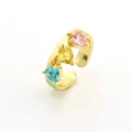 Detailed view of colorful heart gemstones and green enamel on gold plated ear cuff - Triple Color Heart Style (JZ0021-02)