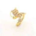 Close-up of golden butterfly and flower open ring featuring sparkling baguette crystals - Butterfly Small Flower White Zircon Style (JZ0021-03)