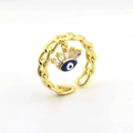 Détail de la bague réglable à maillons cubains dorés avec breloque œil protecteur - Style Mauvais Œil Maillon Cubain (JZ0021-06)