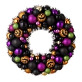 Halloween-Kranz mit schwarzer Lametta-Basis und bunten Glitzer-Kürbisbällen als Deko - Halloween Glitzer Kugel Kranz