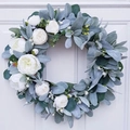 Artificial white rose wreath with eucalyptus and lamb's ear leaves on a white door - White Rose Green Leaf Wreath / 40CM