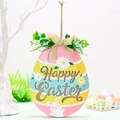 Egg-shaped Happy Easter wooden door sign with lights and pink floral bow decoration - Vertical Colorful Egg Style (With Light)