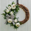 White pumpkin autumn wreath with green eucalyptus leaves and striped bow on wood door - Half Circle White Pumpkin Style