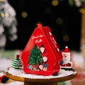 Hausförmige Weihnachts-Blechdose in Rot mit Zwergen-Aufdruck und festlichem Band - Stil B Gnom und Baum