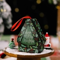 Green house-shaped Christmas tin box with tree pattern and red ribbon handle - Style E Letter Tree