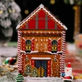 Christmas gingerbread house tin box with red plaid roof and festive candy print - Cartoon Print House Shape