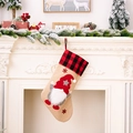 Christmas stocking with red and black plaid trim and forest gnome embroidery on burlap - Red & Black Plaid Gnome (Style A)