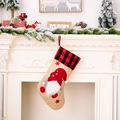 Burlap Christmas stocking with red plaid trim and a plush 3D gnome hanging on fireplace - Red & Black Plaid Gnome (Style B)