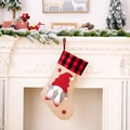 Linen Christmas stocking with red buffalo plaid trim and plush gnome applique - Red & Black Plaid Gnome (Style C)