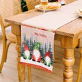 Weihnachts-Tischläufer aus Sackleinen mit bunten Wichteln und roten Bommel-Quasten - Drei Waldzwerge Druck Grüner Hut