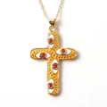Minimalist gold-plated cross necklace with orange enamel and red zircon evil eye detail - Bright Orange Enamel Red Zirconia Cross (01)