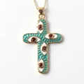 Detail of gold-plated cross necklace with blue enamel evil eye and red zircon center - Cyan Enamel Ruby Red Cross (02)