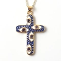 Close-up of gold cross pendant with blue enamel evil eye motifs and purple gems - Dark Blue White Enamel Purple Gem Cross (03)