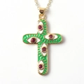 Detail of gold cross pendant with green enamel eye pattern and red zircon stones - Green White Enamel Red Zirconia Cross (07)