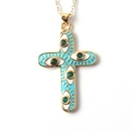 Detail of cross pendant with blue enamel and green zircon evil eye motif in gold - Sky Blue Enamel Emerald Green Zirconia Cross (08)