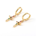 Golden hoop earrings with cross pendants featuring vibrant multi-colored crystals - Clear Rhinestone Style (01)