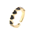 Adjustable gold plated open ring with five continuous black heart oil drip motifs - Black / Adjustable Open