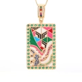 Macro shot of rectangular gold necklace with multi-color enamel and micro-inlaid gemstones - Colorful Multicolor Enamel (02)