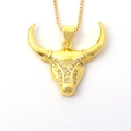 Hip hop style gold bull head pendant necklace with shiny white zircon inlay and box chain - Double Row Stones Bull (05)
