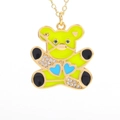 Detailed shot of green enamel bear pendant with blue hearts and zircon inlay necklace - Fluorescent Green