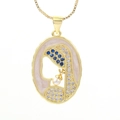 Collar de perlas con colgante de oro de 18k con esmalte azul y silueta de santa - Estilo Retrato de la Virgen María (XL0076-01)