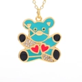 Detail of teal enamel teddy bear pendant with gold plating and cubic zirconia stones - Cyan