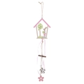 Colgante de madera casa de Pascua, tejado rosa, conejo con huevo y cuerda de flores - Rosa