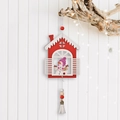 Christmas snowman in red wooden house ornament with X-MAS banner and white tassel - Snowman House With Tassel