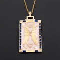 Golden tarot angel necklace with pink enamel and blue crystals on black background - Angel Wings Sacred Style (02)