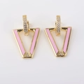 Fashionable golden V-shaped earrings with light pink enamel and zircon accents - Pink