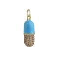 Macro detail of blue enamel capsule pendant with pave zircon accents in 18k gold plating - Sky Blue Enamel Style (02)