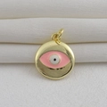 Detalle de colgante de ojo turco chapado en oro de 18k con esmalte rosa sobre tela blanca - Estilo Mal de Ojo Redondo de Esmalte Rosa Blanco Negro Tono Dorado (05)
