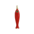 Macro detail of red enamel fish pendant with green gemstone eye and gold-plated ring - Marble Red (05)