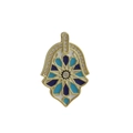 Detailed close-up of golden Hamsa Hand pendant with blue enamel star and white zircons - Blue and Green Star Hamsa (03)