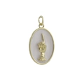 Detail of a vintage gold oval pendant featuring a hand gesture relief on enamel background - Pink and White Shell Hand Gesture (8)