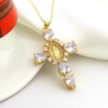 Elegant gold cross necklace with Virgin Mary relief and sparkling pear-shaped zircons - Transparent White Style