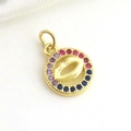 Macro detail of 18k gold plated round pendant with lip design and colorful crystals - Circle Lips Design (06)