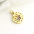 Detailed close-up of a 18k gold-plated Hamsa pendant with colorful inlaid gemstones - Round Hamsa Hand (13)