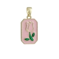 Makro-Detail eines goldenen rechteckigen Anhängers mit rosa Emaille und Tulpenmotiv - Goldrand Rosa Tulpe (19)