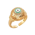 Dettaglio macro di un anello malocchio placcato oro 18k con zirconi e design a sfera cava - Aperto Regolabile / 10110-Turchese